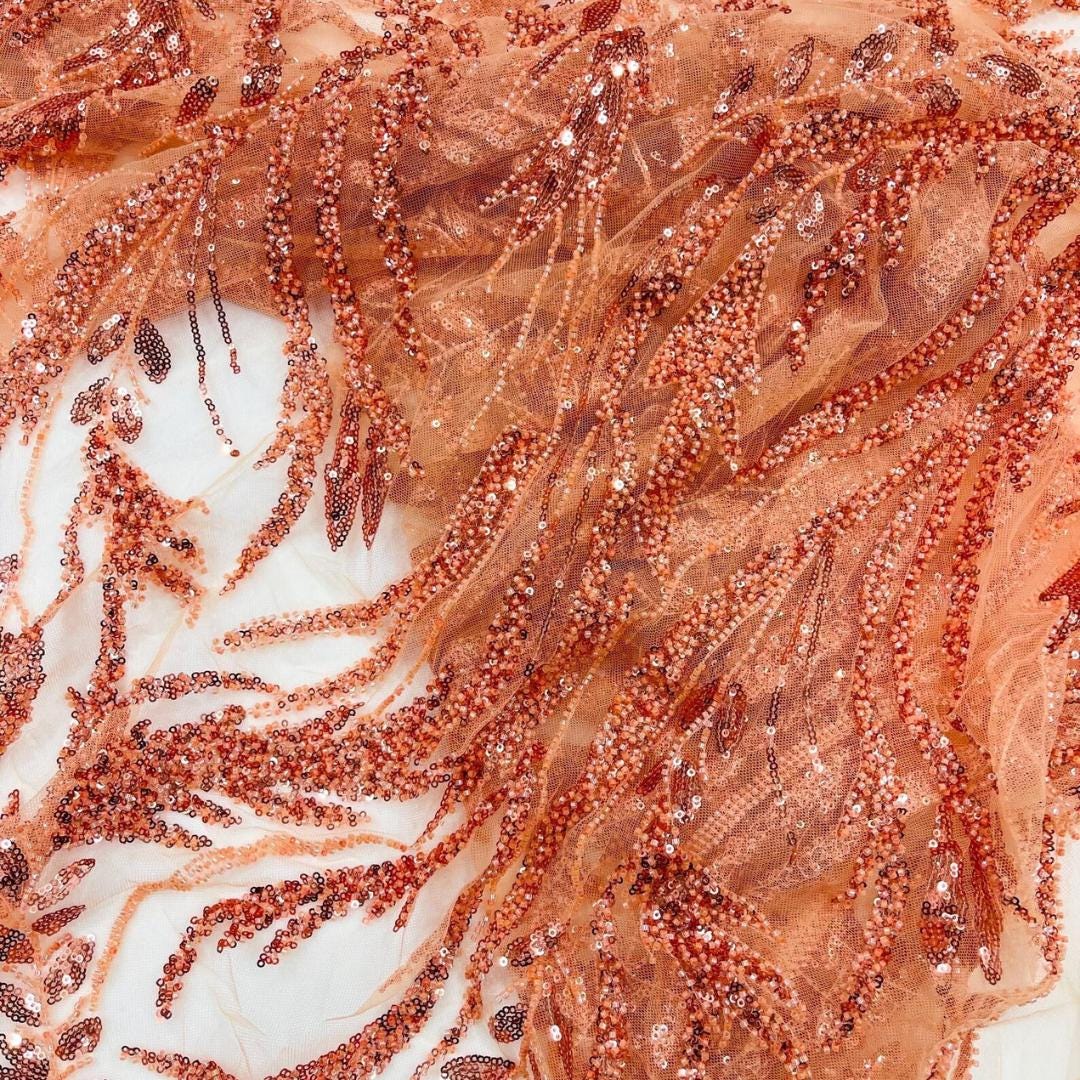 Luxurious Design Lace - LT ORANGE - Beaded Design with Embroidered Sequins and Beads On a Mesh Lace Fabric By The Yard