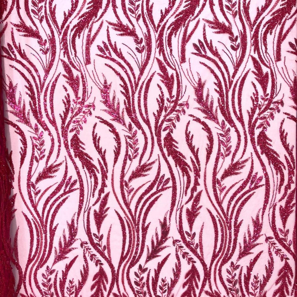 Luxurious Design Lace - FUCHSIA - Beaded Design with Embroidered Sequins and Beads On a Mesh Lace Fabric By The Yard