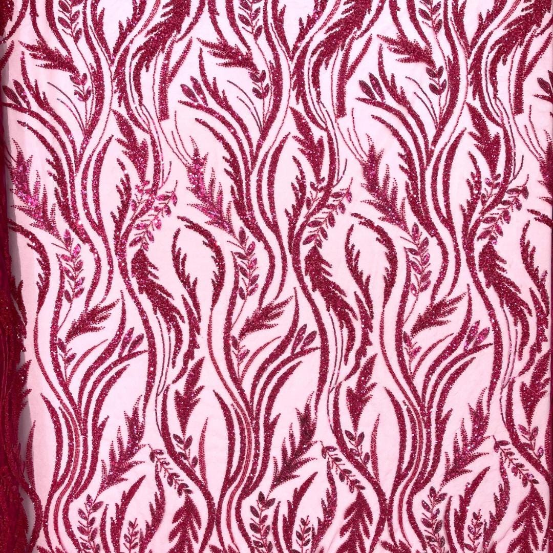 Luxurious Design Lace - FUCHSIA - Beaded Design with Embroidered Sequins and Beads On a Mesh Lace Fabric By The Yard