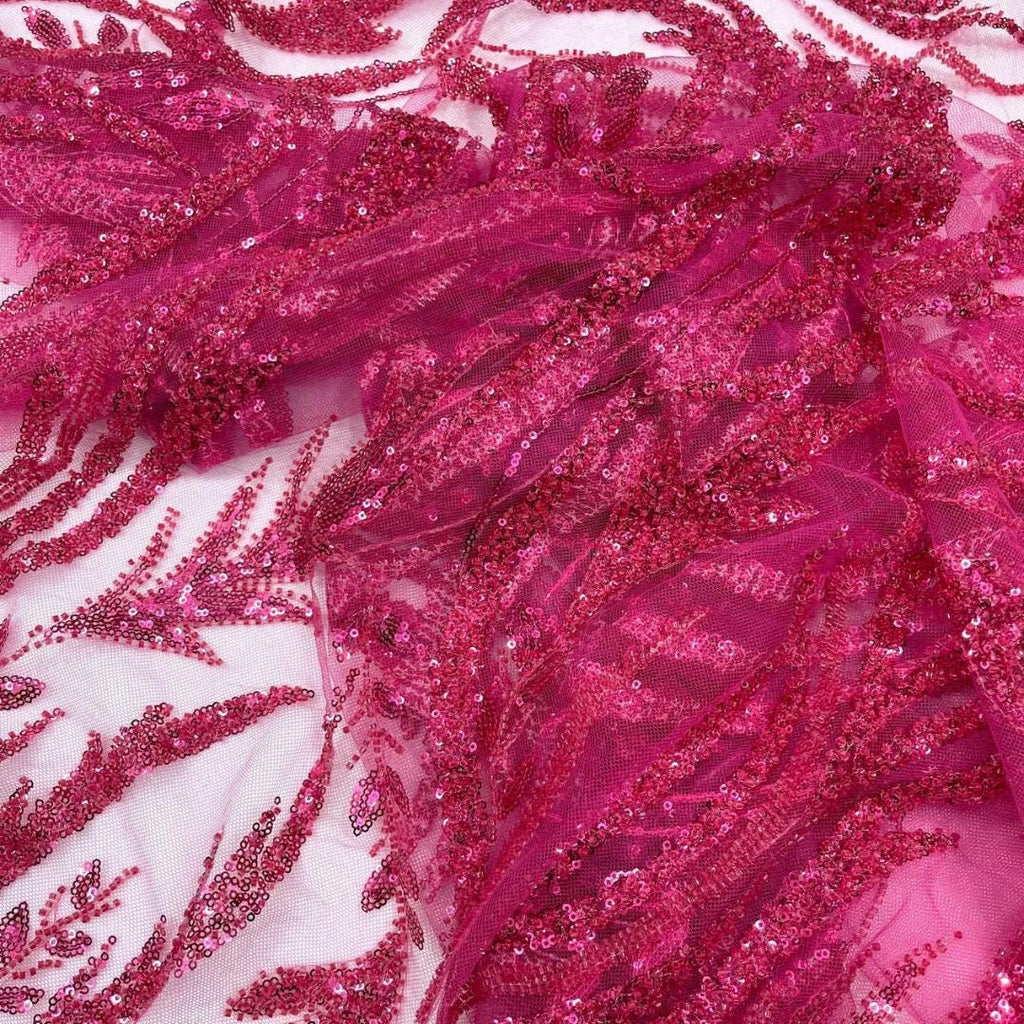 Luxurious Design Lace - FUCHSIA - Beaded Design with Embroidered Sequins and Beads On a Mesh Lace Fabric By The Yard