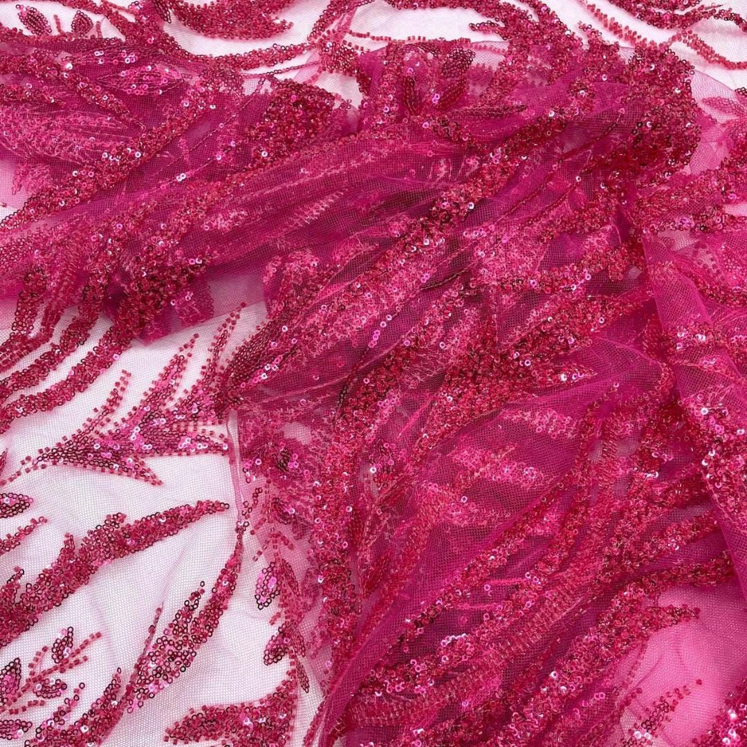 Luxurious Design Lace - FUCHSIA - Beaded Design with Embroidered Sequins and Beads On a Mesh Lace Fabric By The Yard