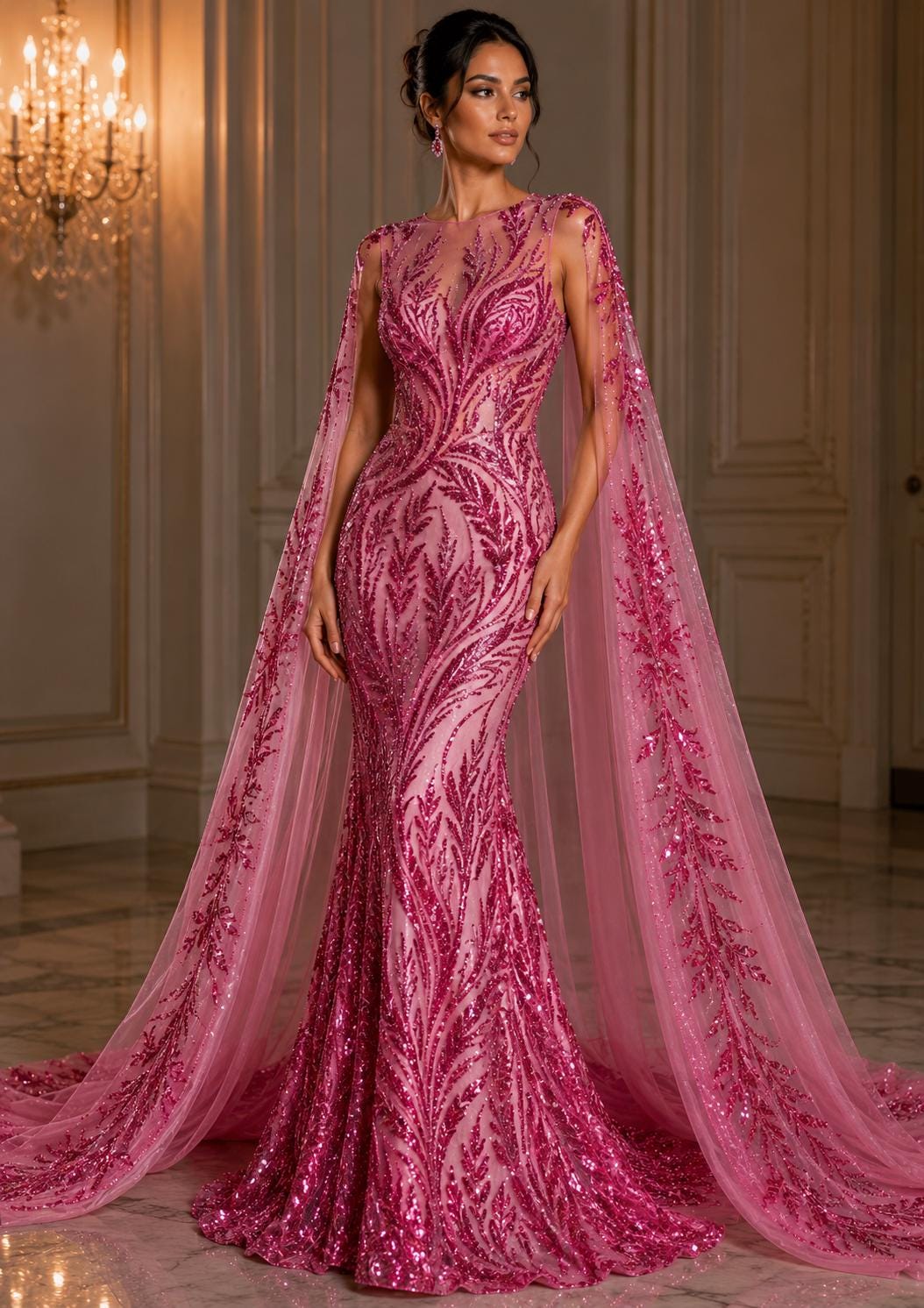 Luxurious Design Lace - FUCHSIA - Beaded Design with Embroidered Sequins and Beads On a Mesh Lace Fabric By The Yard