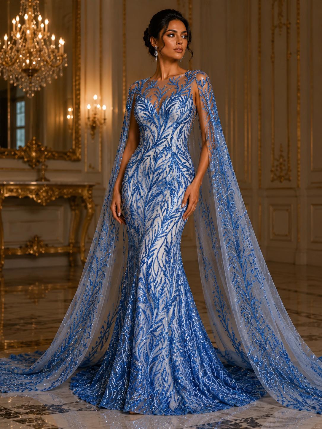 Luxurious Design Lace - LT BLUE - Beaded Design with Embroidered Sequins and Beads On a Mesh Lace Fabric By The Yard