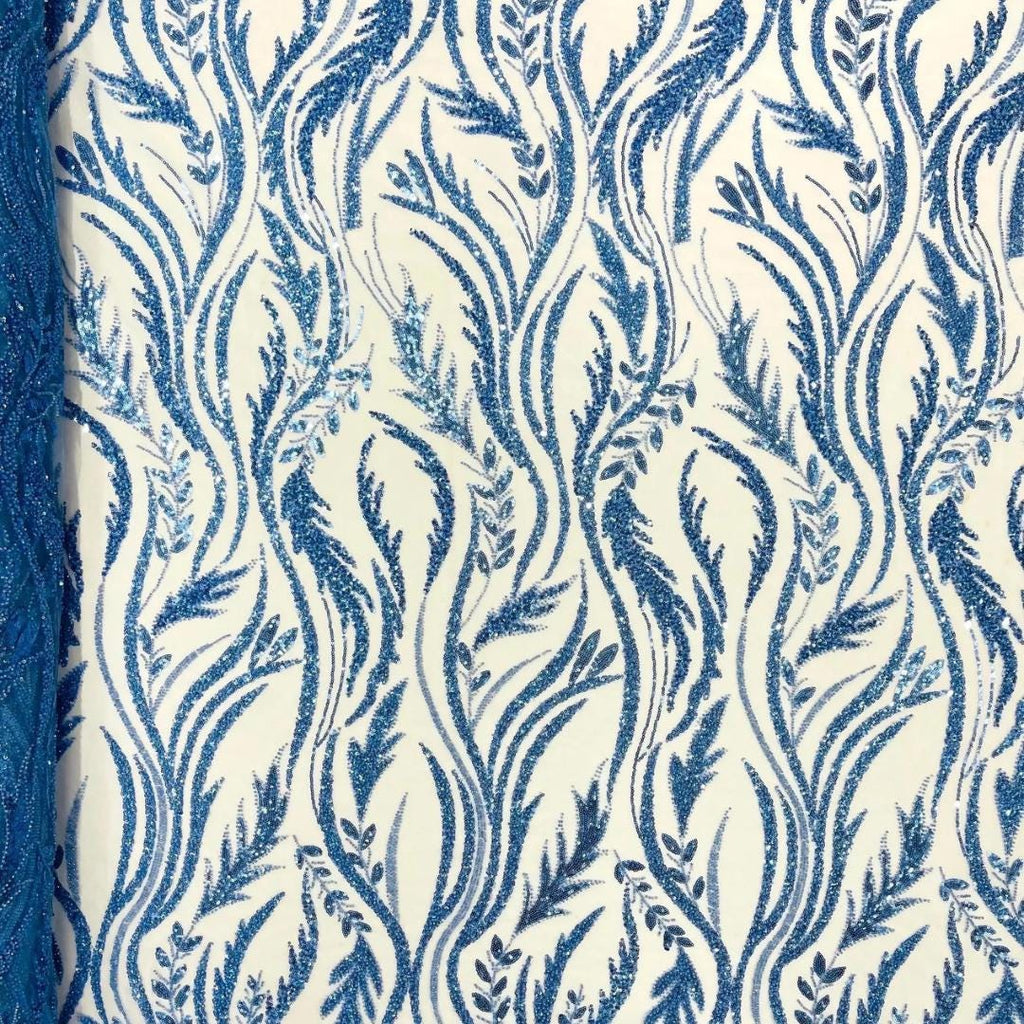 Luxurious Design Lace - LT BLUE - Beaded Design with Embroidered Sequins and Beads On a Mesh Lace Fabric By The Yard