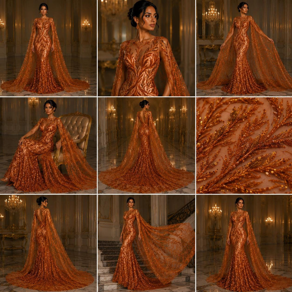 Luxurious Design Lace - ORANGE - Beaded Design with Embroidered Sequins and Beads On a Mesh Lace Fabric By The Yard