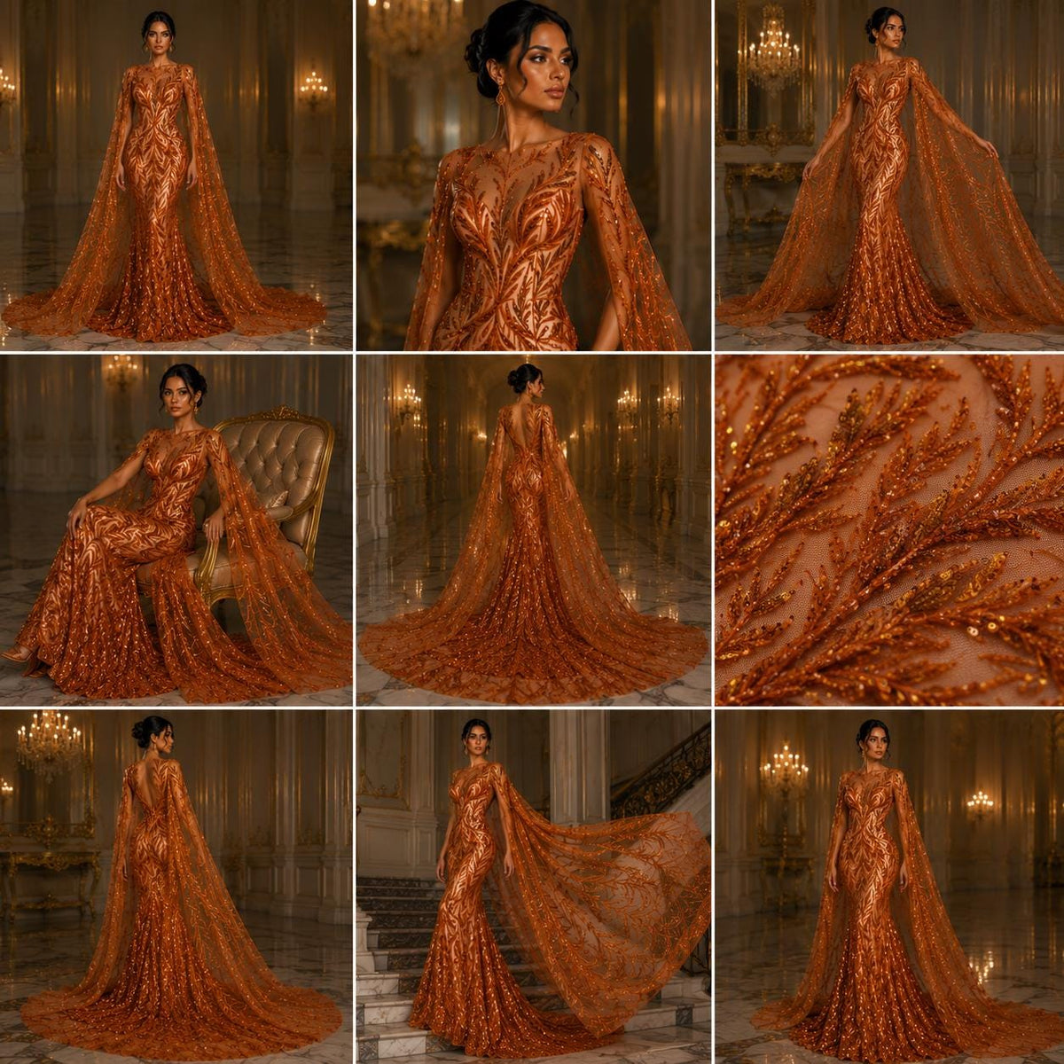 Luxurious Design Lace - ORANGE - Beaded Design with Embroidered Sequins and Beads On a Mesh Lace Fabric By The Yard