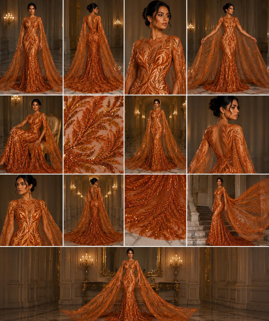 Luxurious Design Lace - ORANGE - Beaded Design with Embroidered Sequins and Beads On a Mesh Lace Fabric By The Yard