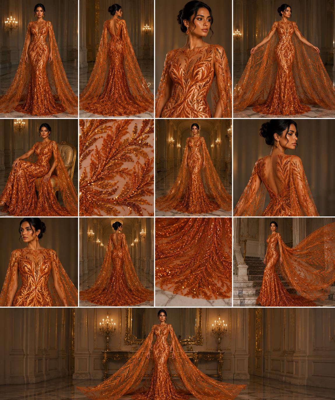 Luxurious Design Lace - ORANGE - Beaded Design with Embroidered Sequins and Beads On a Mesh Lace Fabric By The Yard