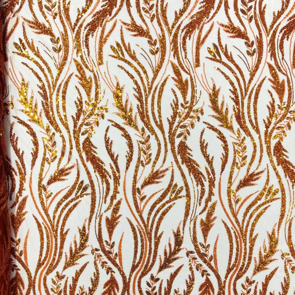 Luxurious Design Lace - ORANGE - Beaded Design with Embroidered Sequins and Beads On a Mesh Lace Fabric By The Yard