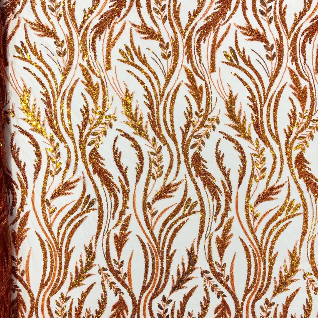 Luxurious Design Lace - ORANGE - Beaded Design with Embroidered Sequins and Beads On a Mesh Lace Fabric By The Yard