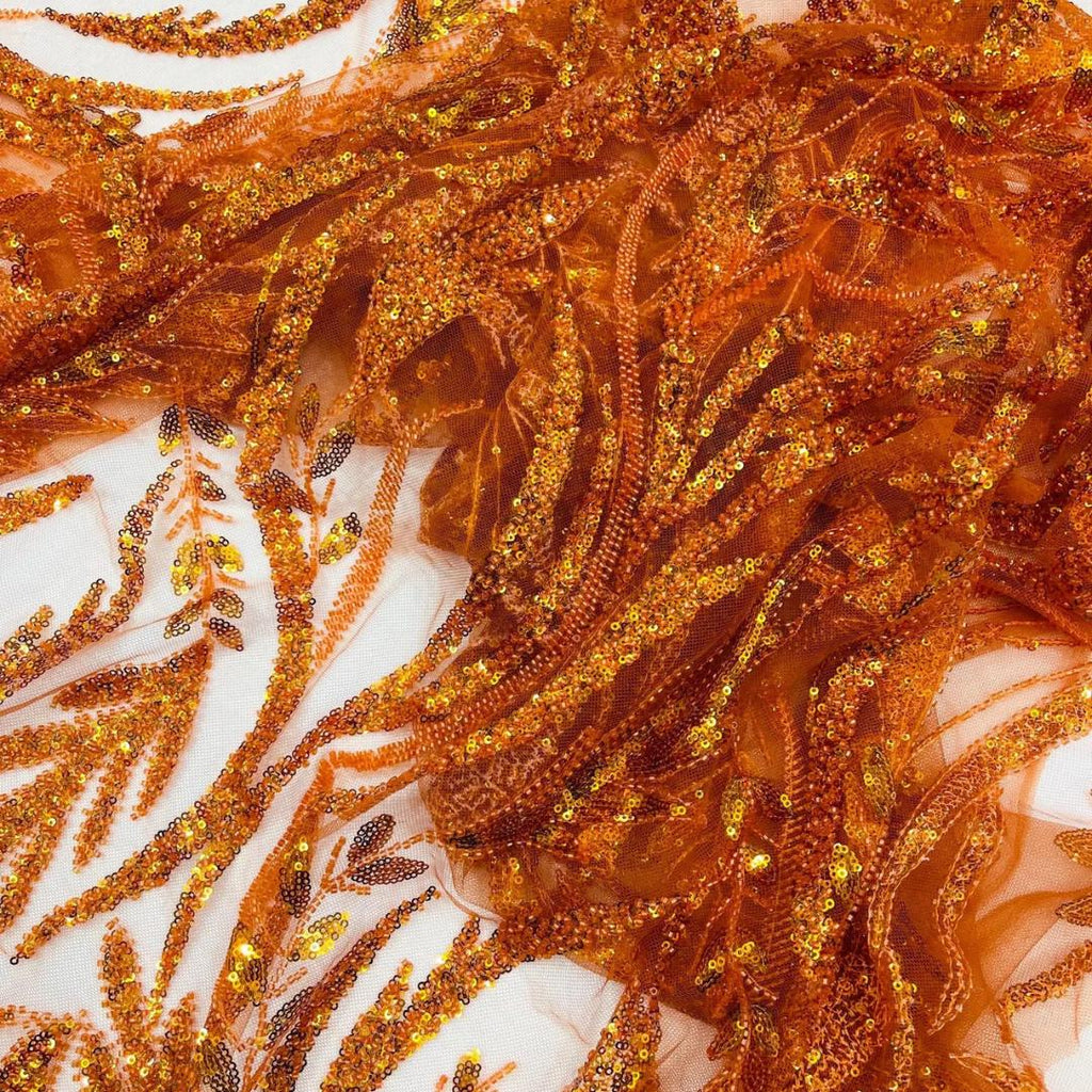 Luxurious Design Lace - ORANGE - Beaded Design with Embroidered Sequins and Beads On a Mesh Lace Fabric By The Yard