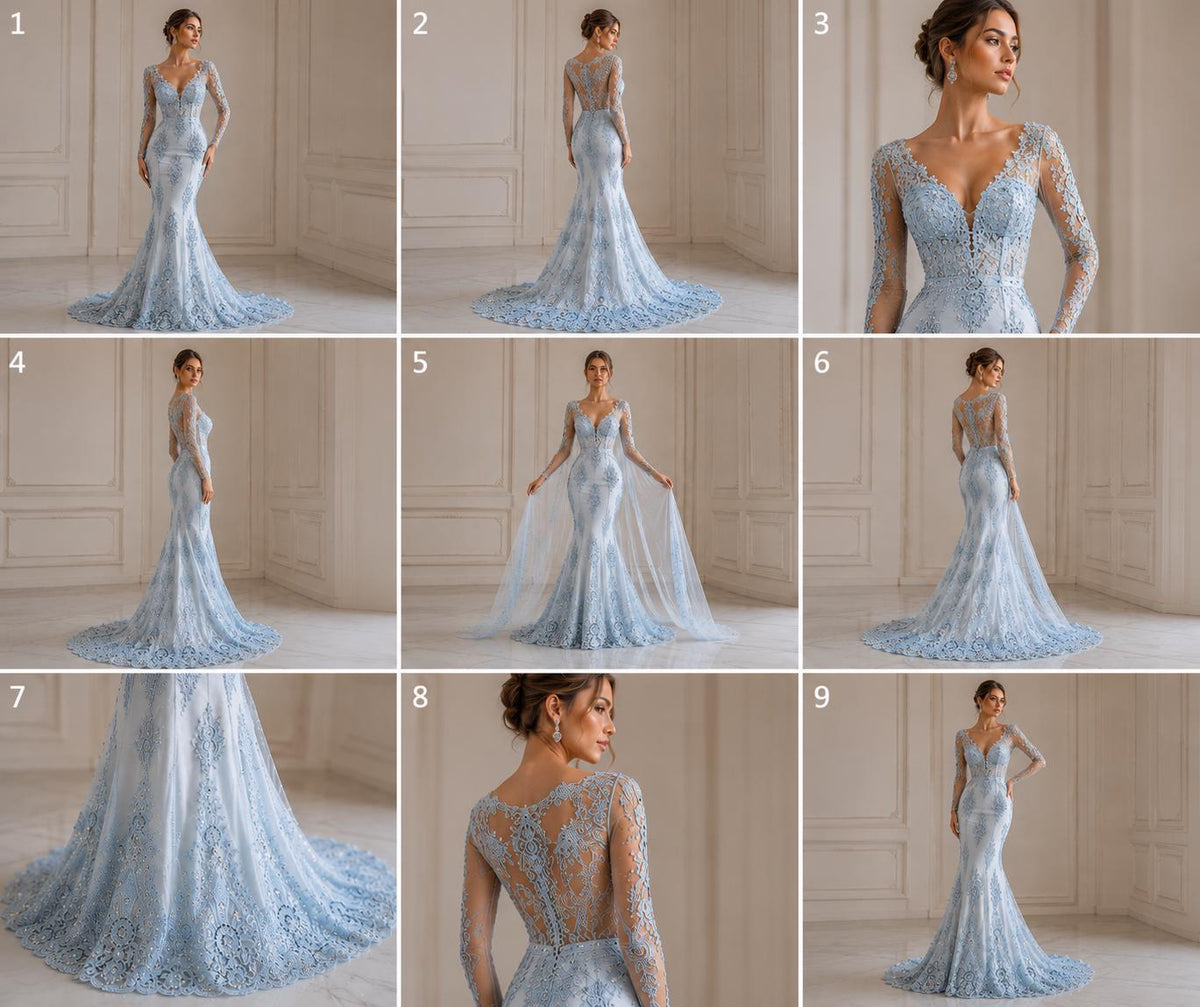 Baby Blue Luxurious Design Lace - Beaded Design with Embroidered Sequins and Beads On a Mesh Lace Fabric By The Yard
