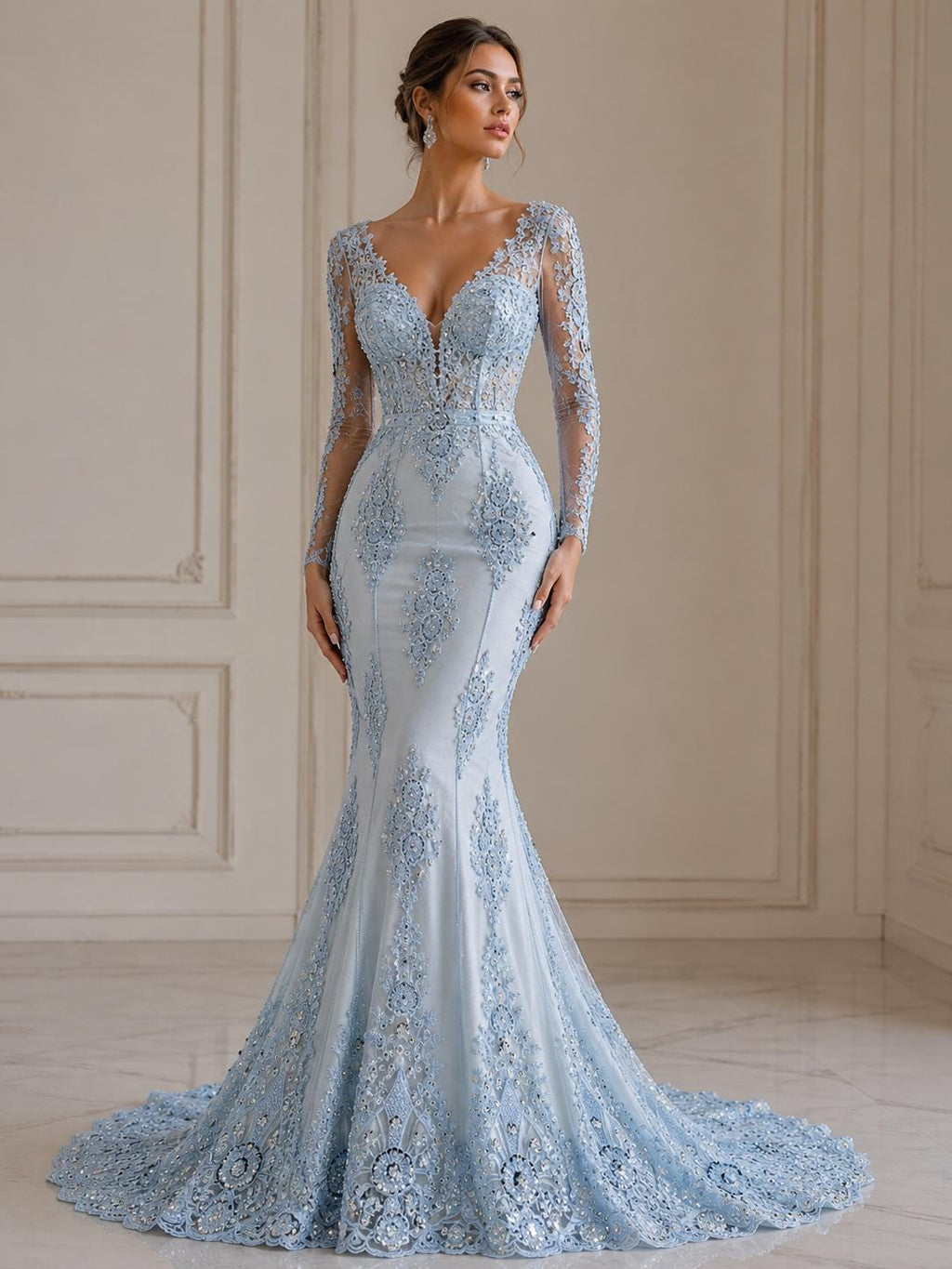 Baby Blue Luxurious Design Lace - Beaded Design with Embroidered Sequins and Beads On a Mesh Lace Fabric By The Yard