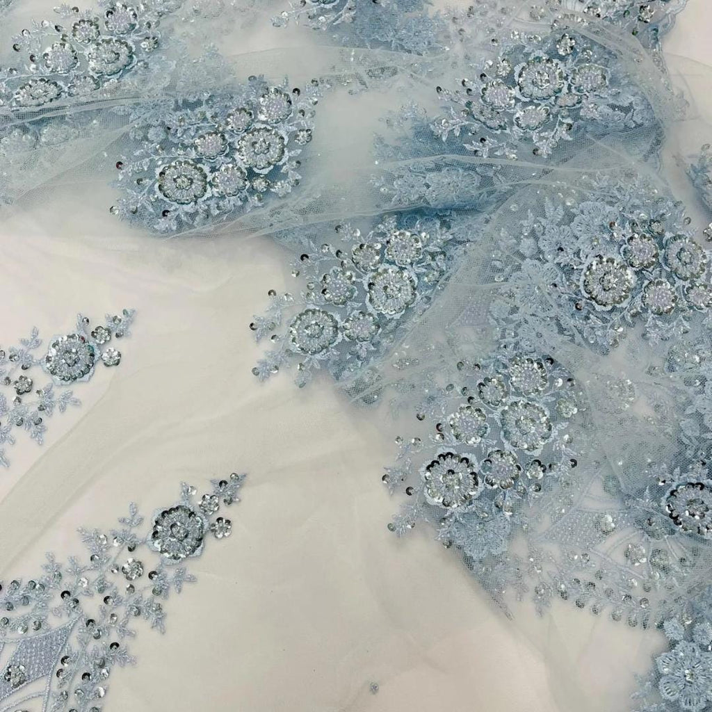 Baby Blue Luxurious Design Lace - Beaded Design with Embroidered Sequins and Beads On a Mesh Lace Fabric By The Yard