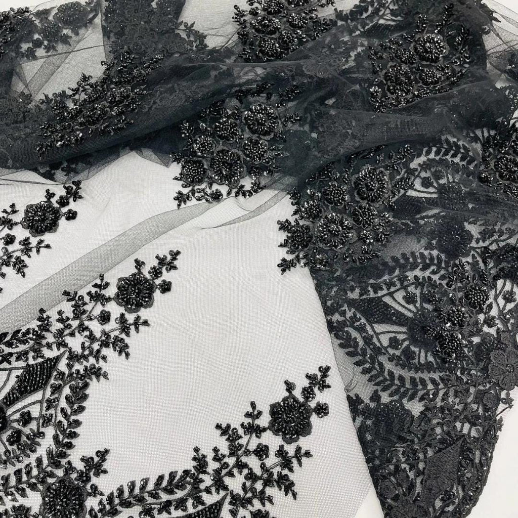 Black Luxurious Design Lace - Beaded Design with Embroidered Sequins and Beads On a Mesh Lace Fabric By The Yard
