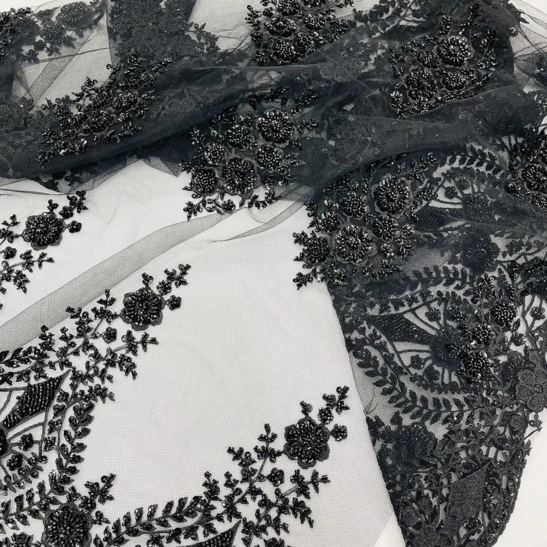 Black Luxurious Design Lace - Beaded Design with Embroidered Sequins and Beads On a Mesh Lace Fabric By The Yard