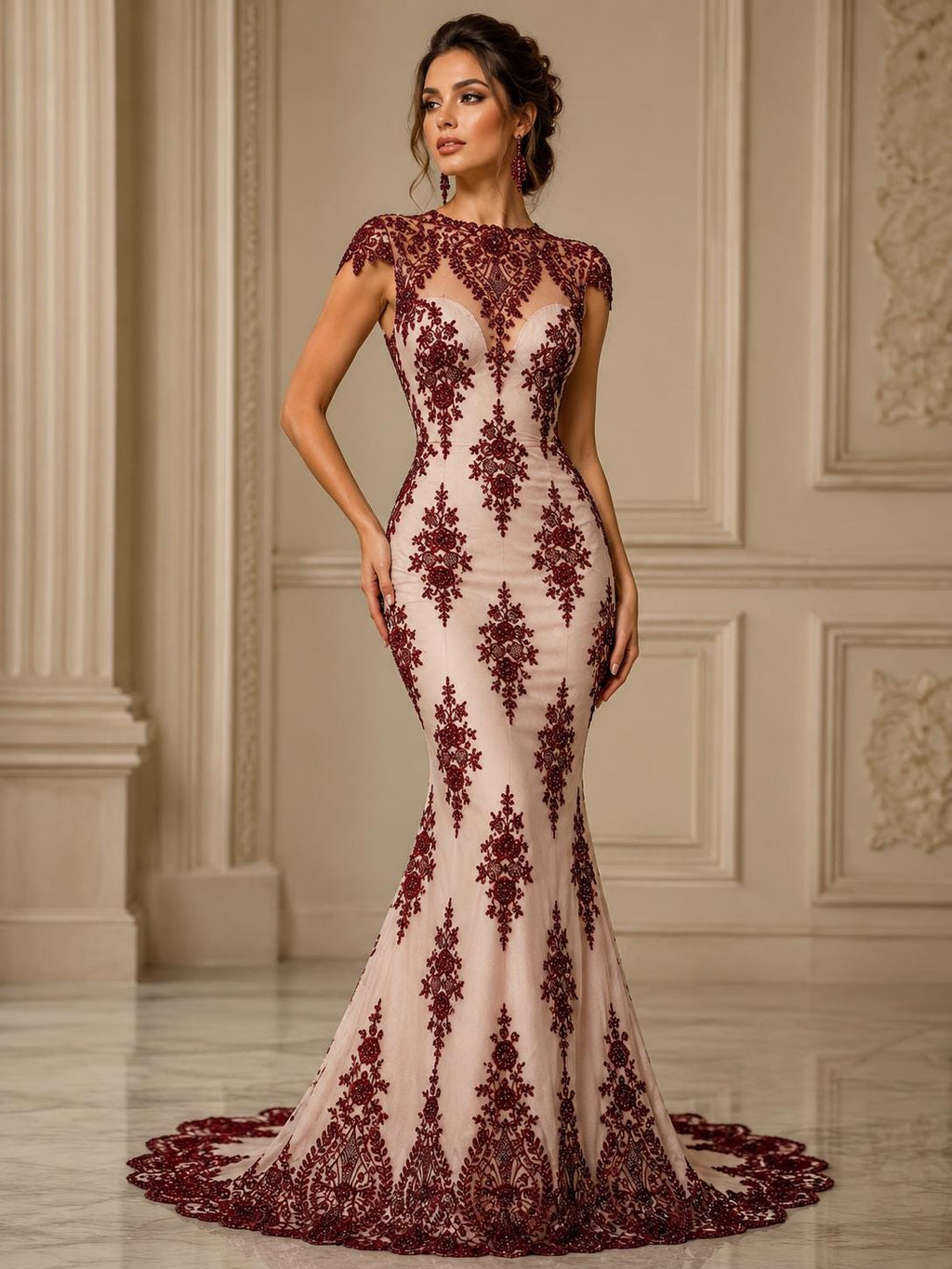 Burgundy Luxurious Design Lace - Beaded Design with Embroidered Sequins and Beads On a Mesh Lace Fabric By The Yard