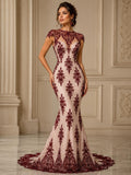 Burgundy Luxurious Design Lace - Beaded Design with Embroidered Sequins and Beads On a Mesh Lace Fabric By The Yard
