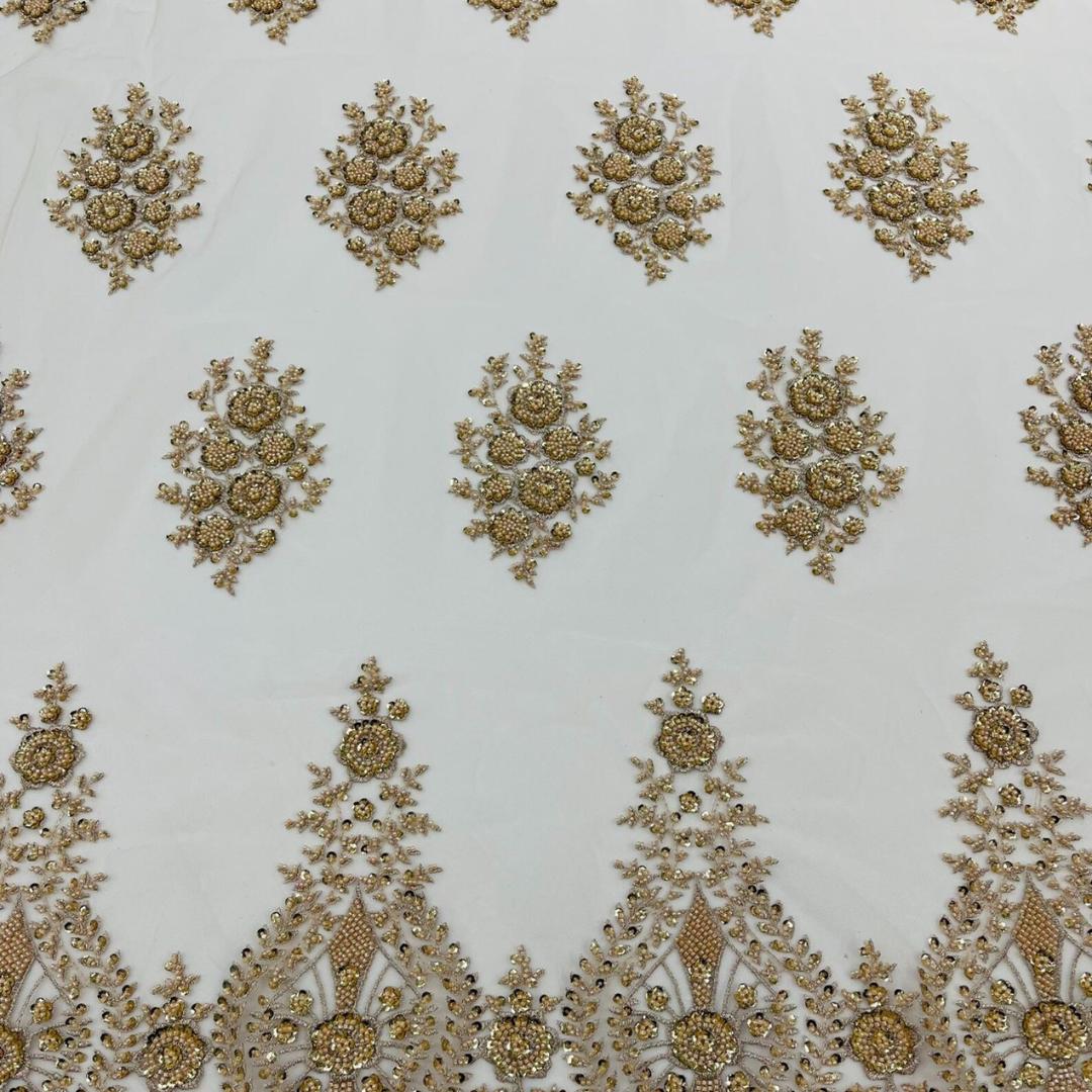 Champagne Luxurious Design Lace - Beaded Design with Embroidered Sequins and Beads On a Mesh Lace Fabric By The Yard