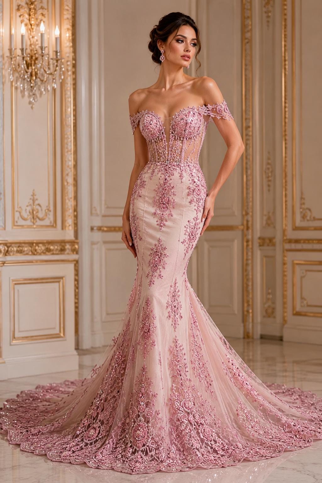 Dusty Pink Luxurious Design Lace - Beaded Design with Embroidered Sequins and Beads On a Mesh Lace Fabric By The Yard