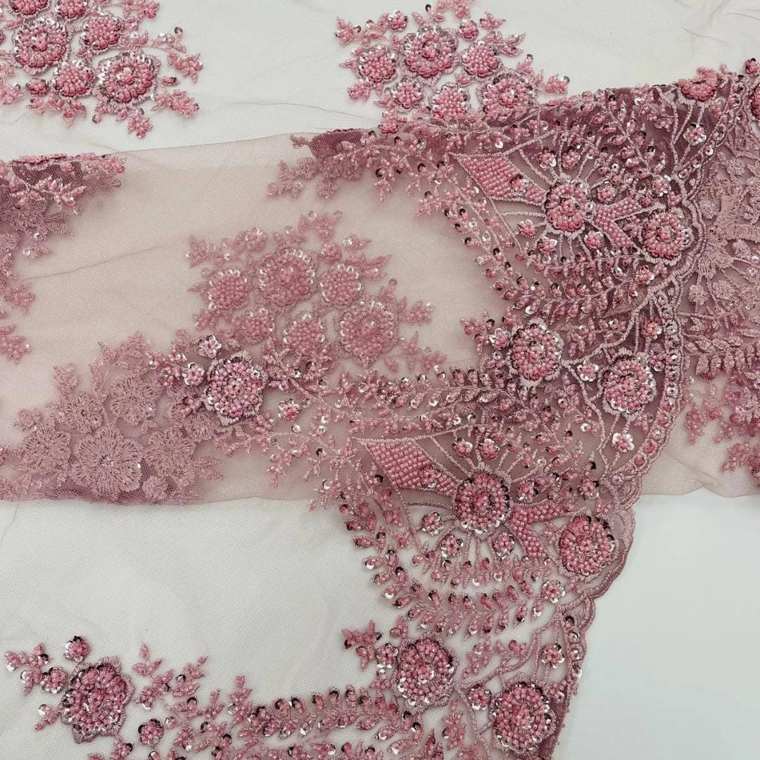 Dusty Pink Luxurious Design Lace - Beaded Design with Embroidered Sequins and Beads On a Mesh Lace Fabric By The Yard
