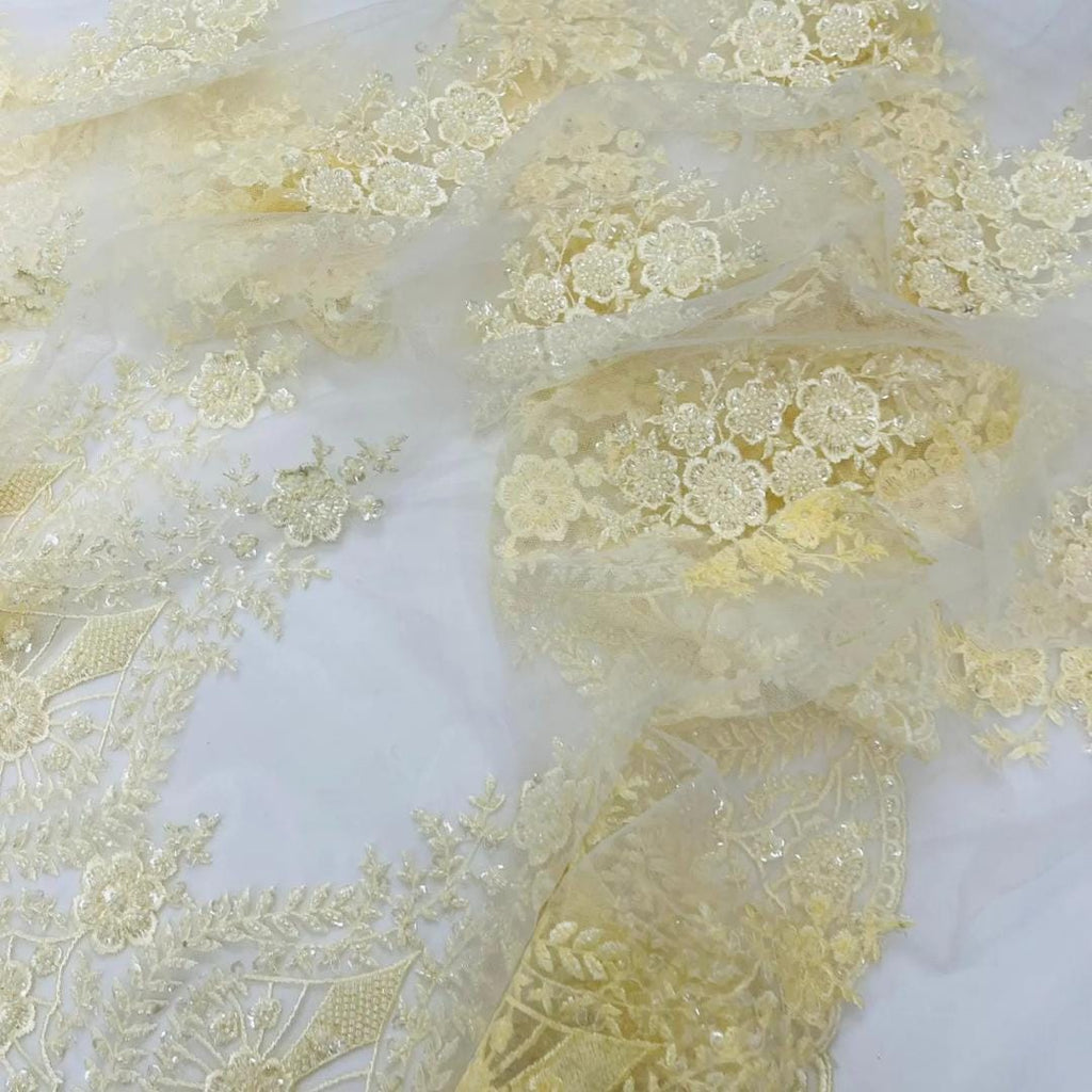 Ivory Luxurious Design Lace - Beaded Design with Embroidered Sequins and Beads On a Mesh Lace Fabric By The Yard