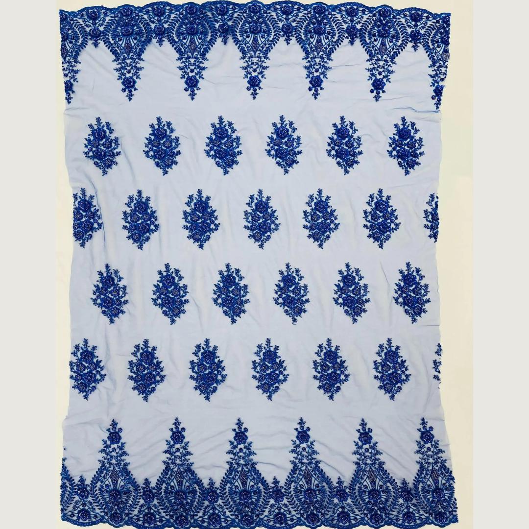 Royal Blue Luxurious Design Lace - Beaded Design with Embroidered Sequins and Beads On a Mesh Lace Fabric By The Yard