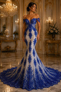Royal Blue Luxurious Design Lace - Beaded Design with Embroidered Sequins and Beads On a Mesh Lace Fabric By The Yard