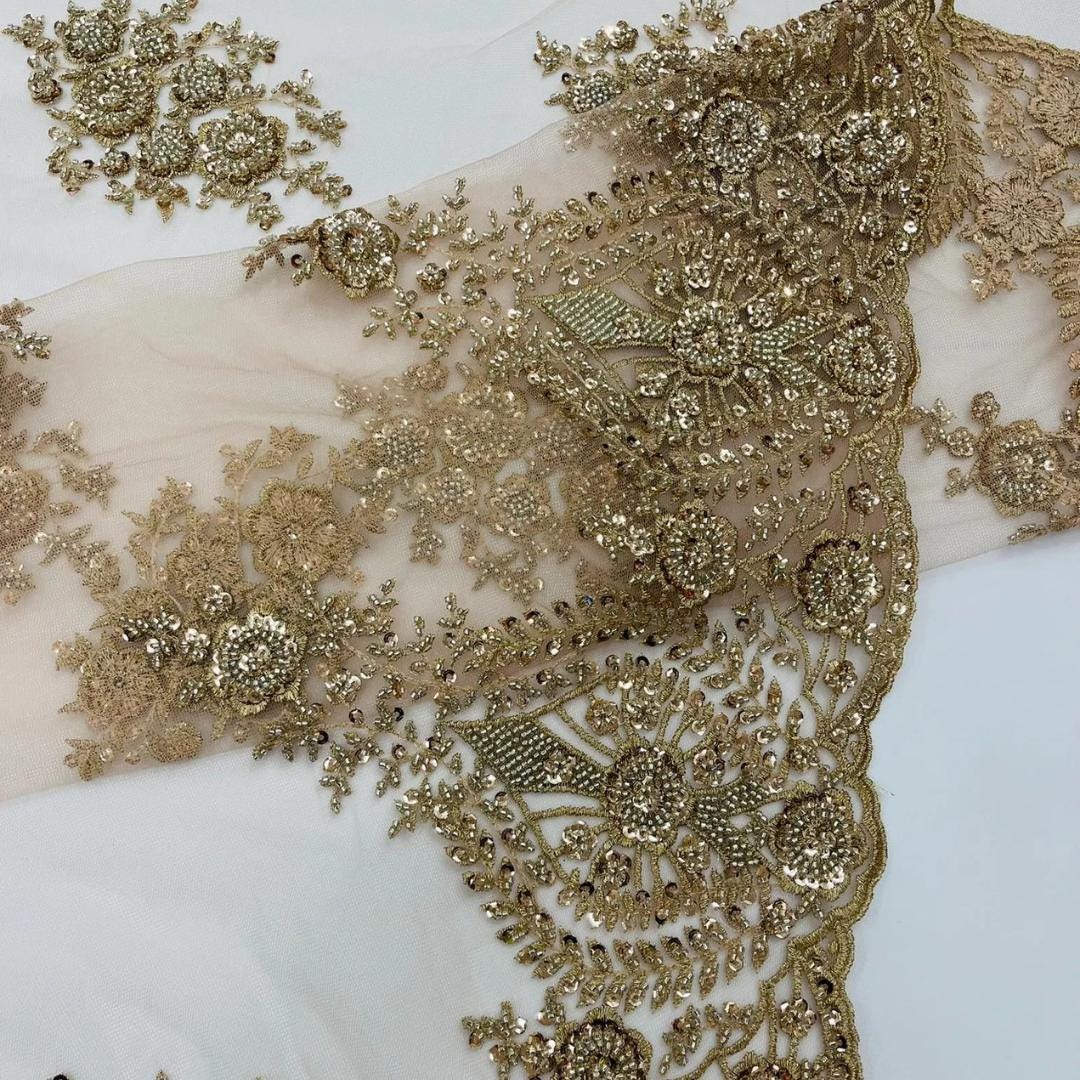 Gold Luxurious Design Lace - Beaded Design with Embroidered Sequins and Beads On a Mesh Lace Fabric By The Yard