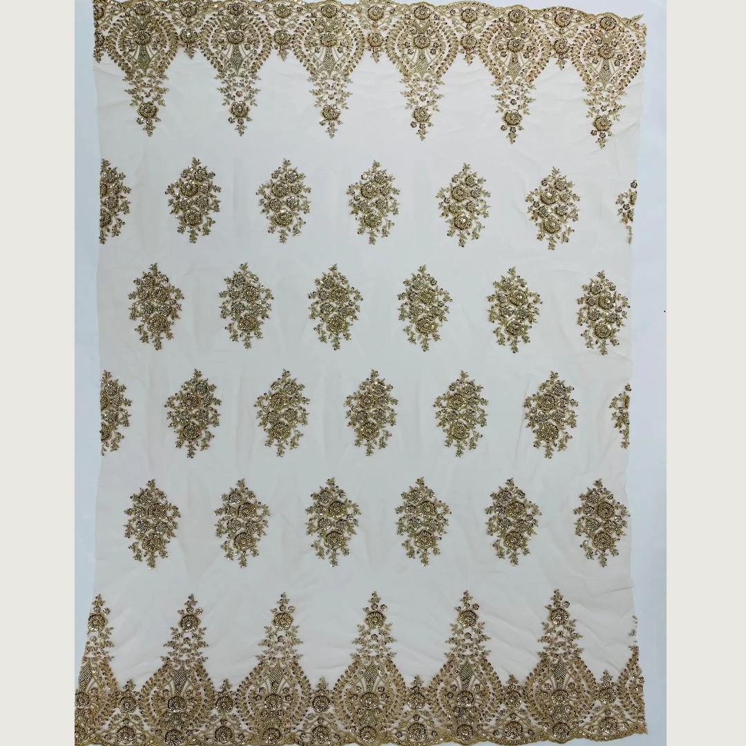 Gold Luxurious Design Lace - Beaded Design with Embroidered Sequins and Beads On a Mesh Lace Fabric By The Yard