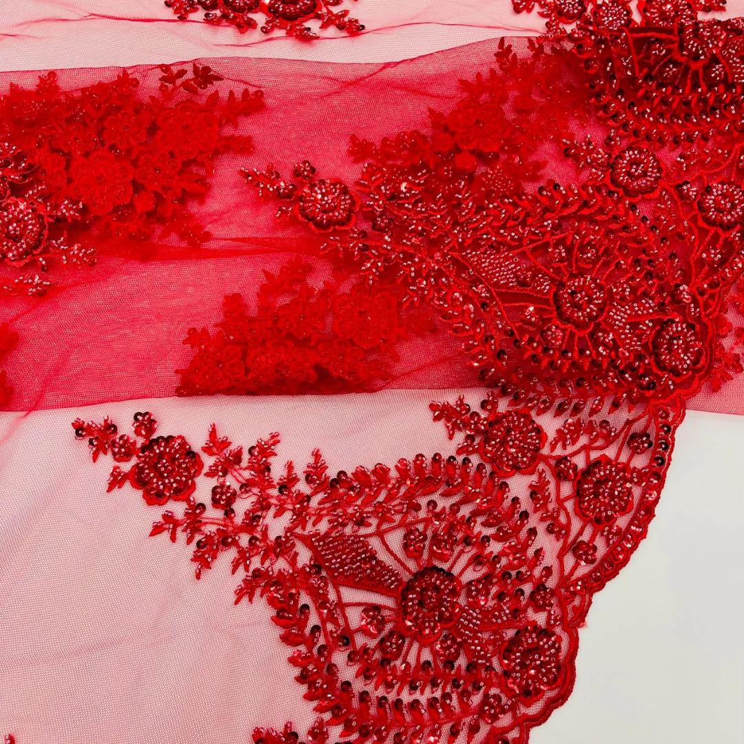 Red Luxurious Design Lace - Beaded Design with Embroidered Sequins and Beads On a Mesh Lace Fabric By The Yard