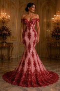 Red Luxurious Design Lace - Beaded Design with Embroidered Sequins and Beads On a Mesh Lace Fabric By The Yard