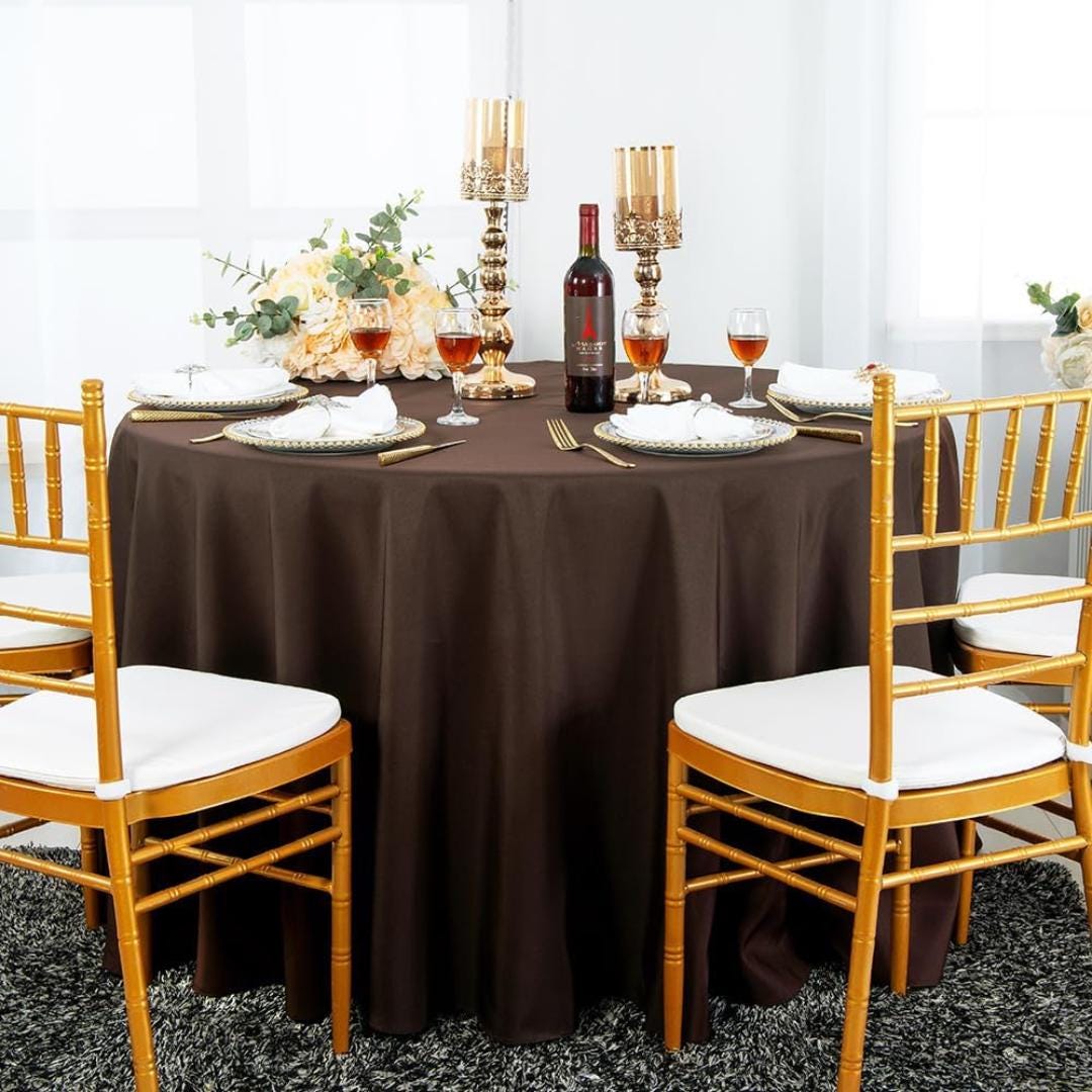 BROWN - 108" Polyester Poplin Washable Round Tablecloth, For Table Cover, Fabric Table Cloth Dinning, Kitchen, Party