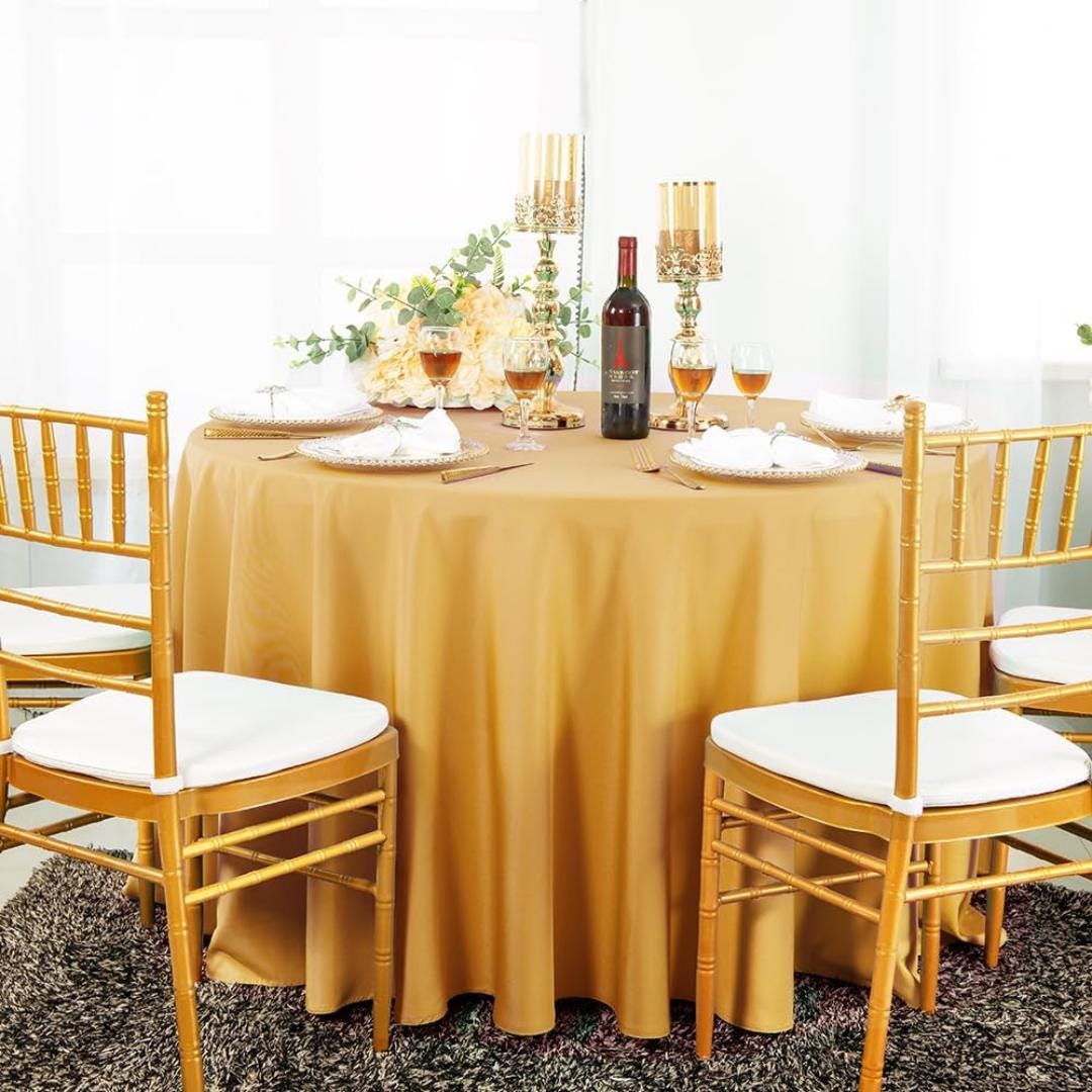 GOLD - 108" Polyester Poplin Washable Round Tablecloth, For Table Cover, Fabric Table Cloth Dinning, Kitchen, Party