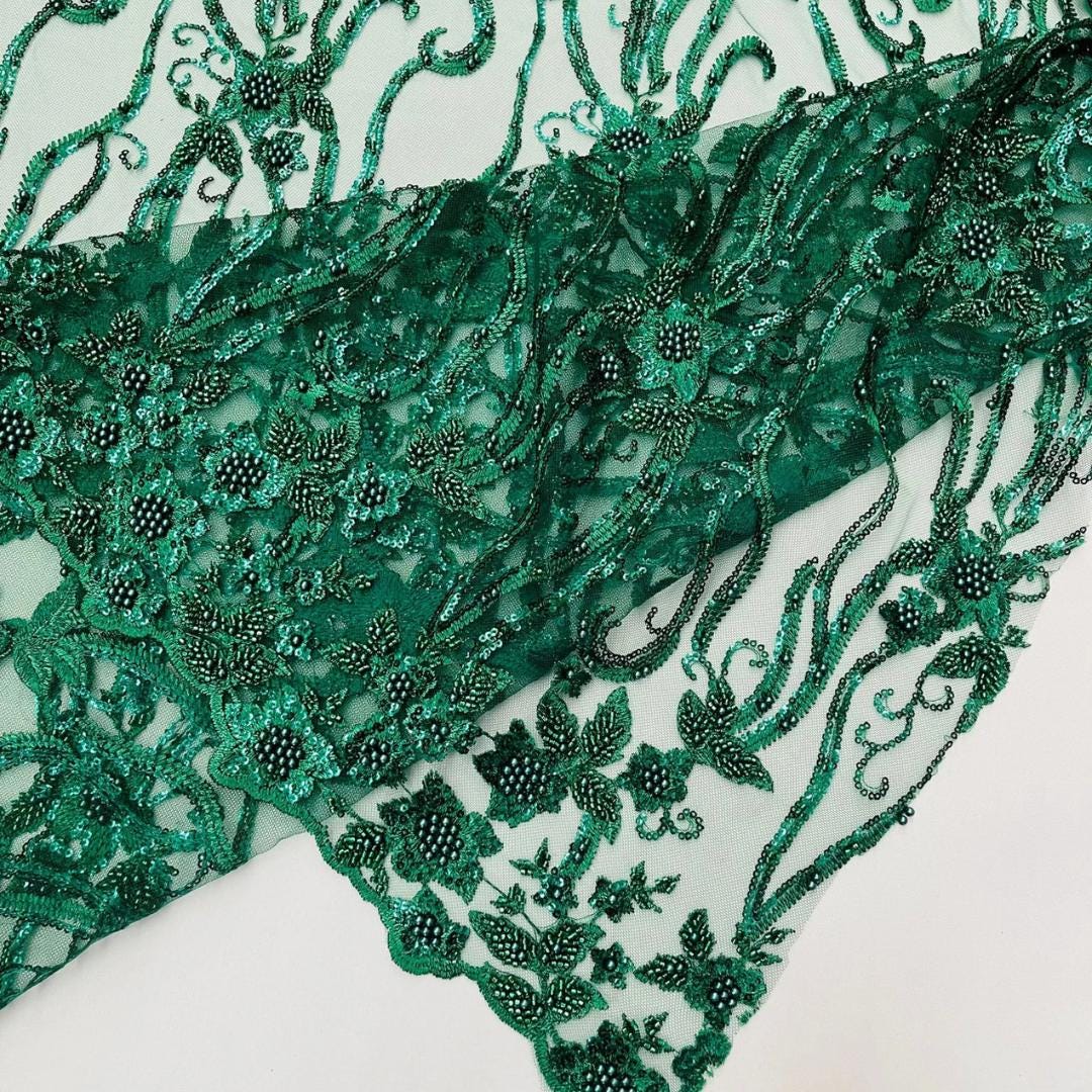 Luxurious Design Lace - HUNTER - Beaded Design with Embroidered Sequins and Beads On a Mesh Lace Fabric By The Yard