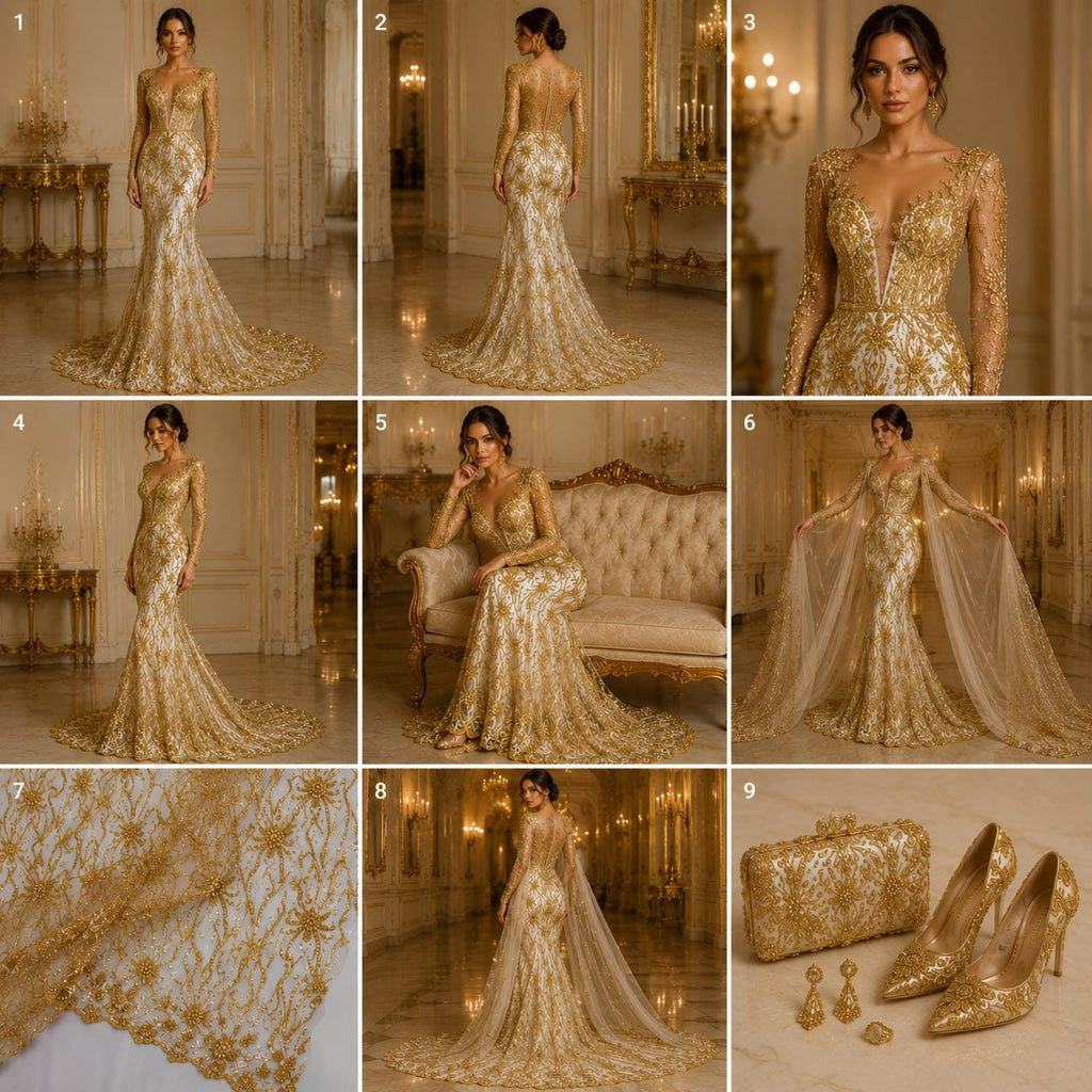 Luxurious Design Lace - GOLD - Beaded Design with Embroidered Sequins and Beads On a Mesh Lace Fabric By The Yard