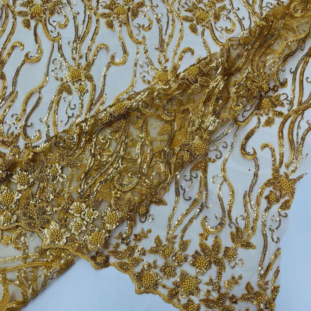 Luxurious Design Lace - GOLD - Beaded Design with Embroidered Sequins and Beads On a Mesh Lace Fabric By The Yard