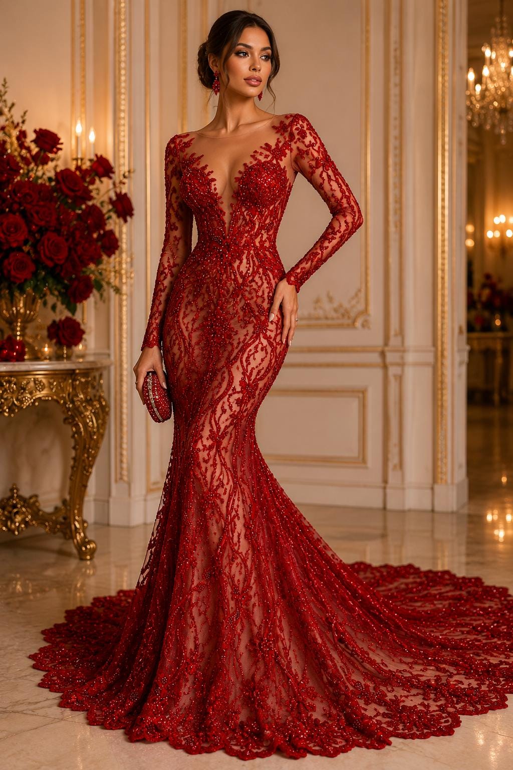 Luxurious Design Lace - RED - Beaded Design with Embroidered Sequins and Beads On a Mesh Lace Fabric By The Yard