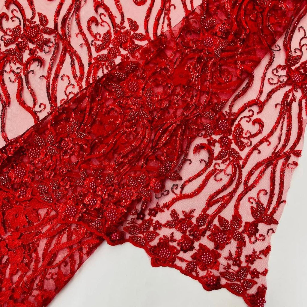 Luxurious Design Lace - RED - Beaded Design with Embroidered Sequins and Beads On a Mesh Lace Fabric By The Yard