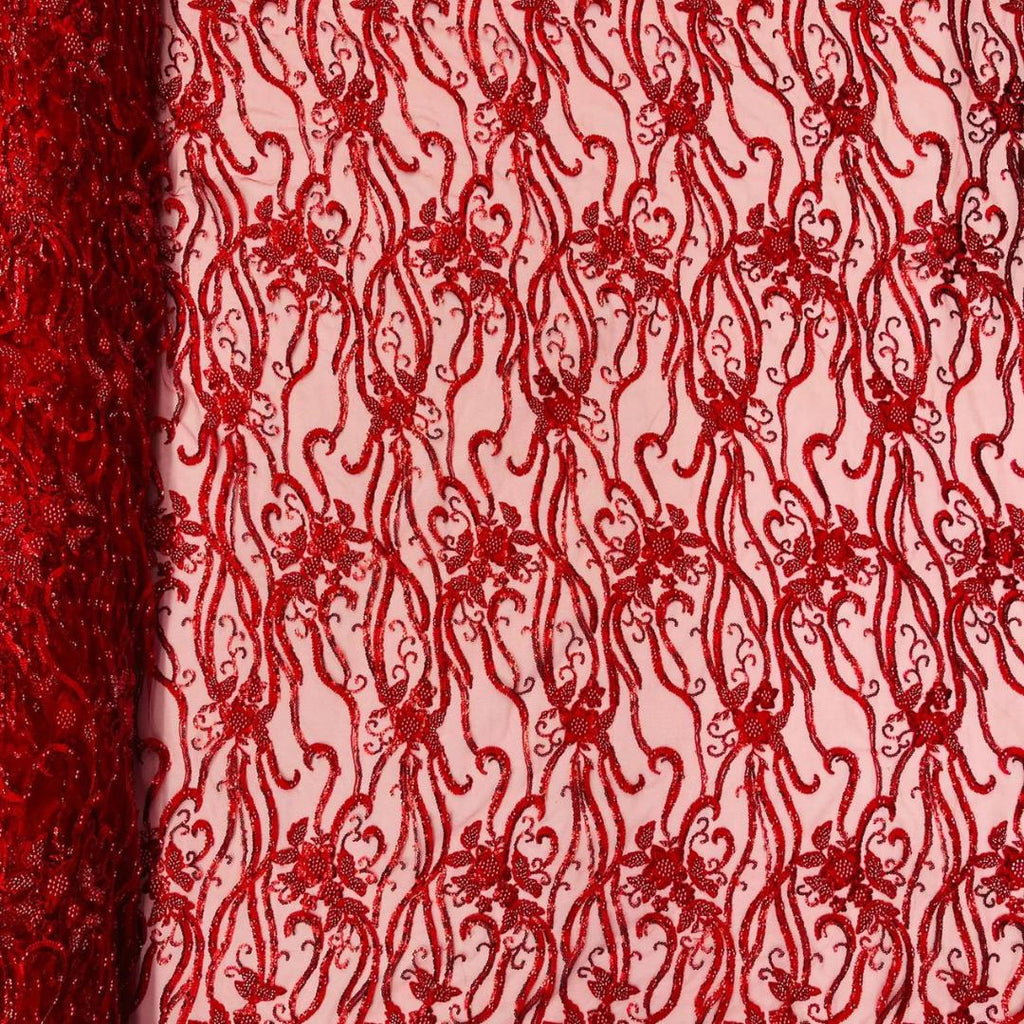 Luxurious Design Lace - RED - Beaded Design with Embroidered Sequins and Beads On a Mesh Lace Fabric By The Yard