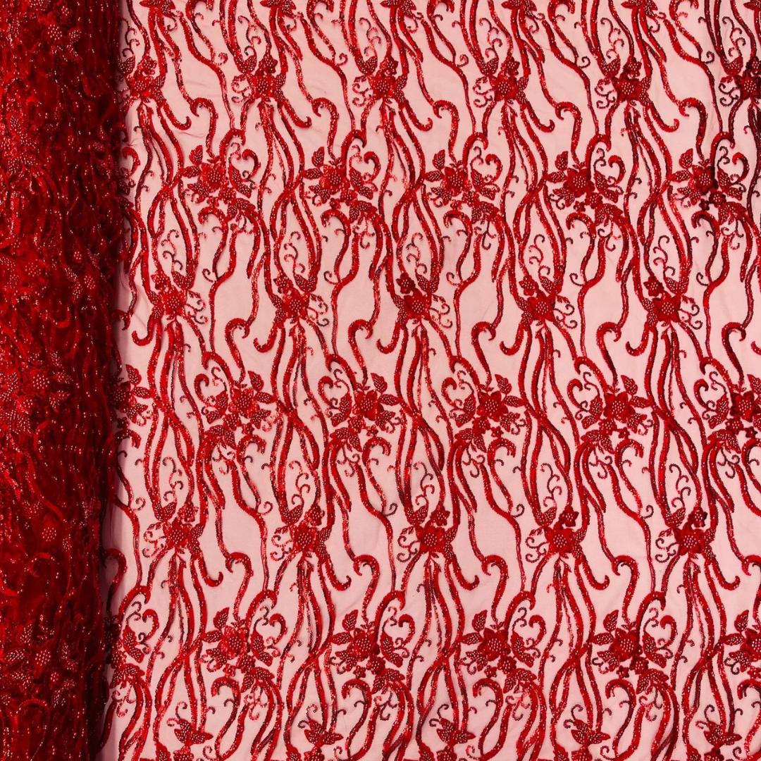Luxurious Design Lace - RED - Beaded Design with Embroidered Sequins and Beads On a Mesh Lace Fabric By The Yard