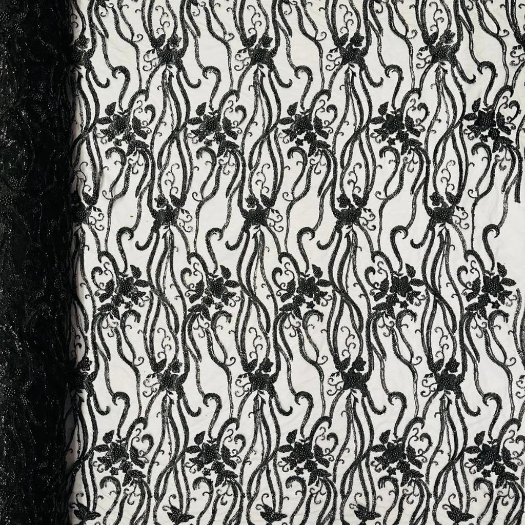 Luxurious Design Lace - BLACK - Beaded Design with Embroidered Sequins and Beads On a Mesh Lace Fabric By The Yard