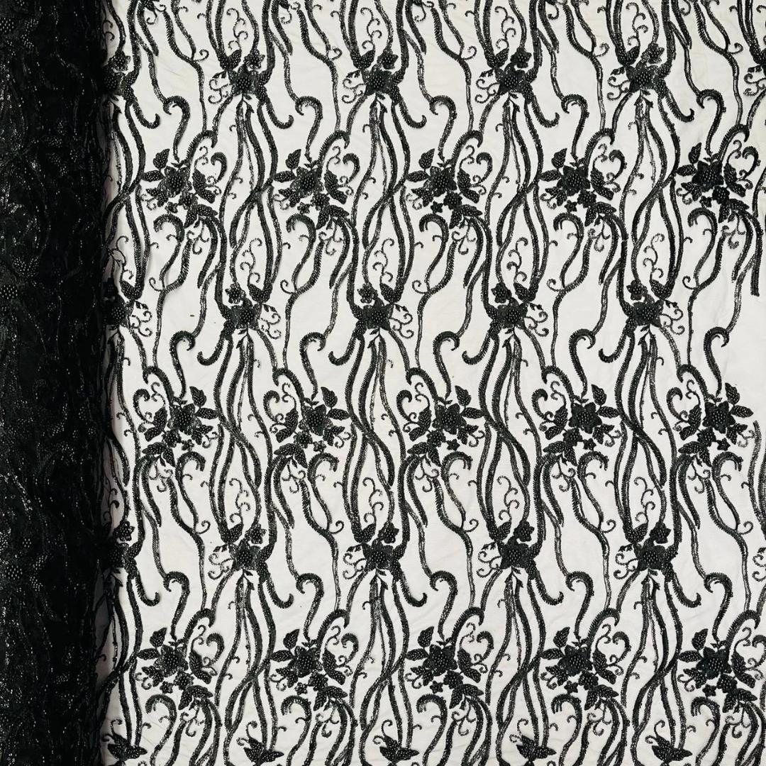Luxurious Design Lace - BLACK - Beaded Design with Embroidered Sequins and Beads On a Mesh Lace Fabric By The Yard