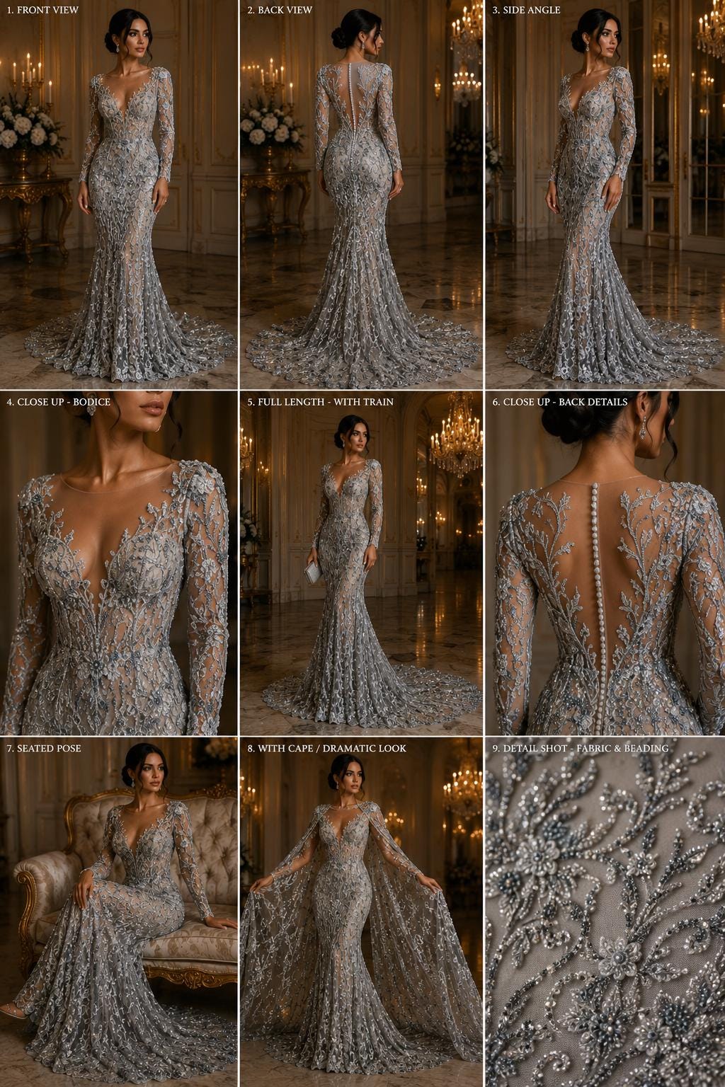Luxurious Design Lace - SILVER - Beaded Design with Embroidered Sequins and Beads On a Mesh Lace Fabric By The Yard