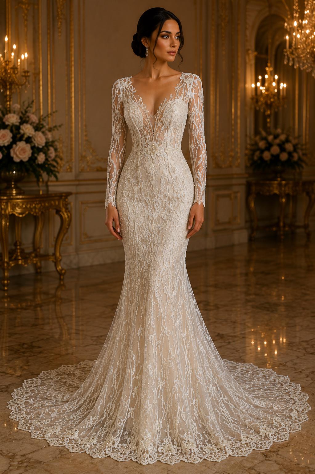 Luxurious Design Lace - IVORY - Beaded Design with Embroidered Sequins and Beads On a Mesh Lace Fabric By The Yard