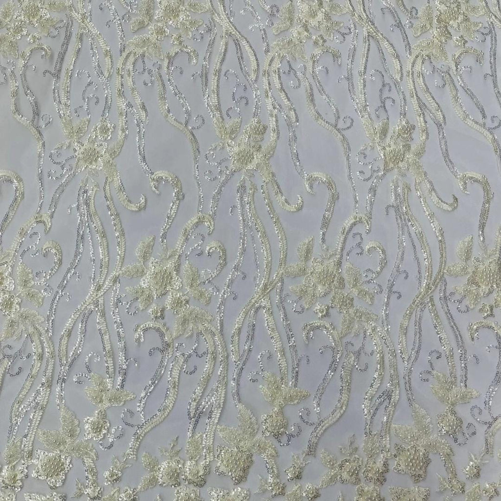 Luxurious Design Lace - IVORY - Beaded Design with Embroidered Sequins and Beads On a Mesh Lace Fabric By The Yard