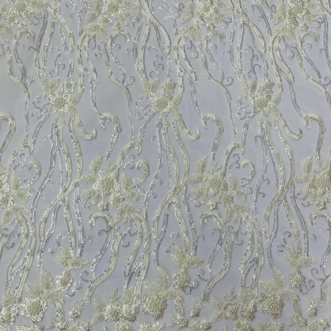 Luxurious Design Lace - IVORY - Beaded Design with Embroidered Sequins and Beads On a Mesh Lace Fabric By The Yard