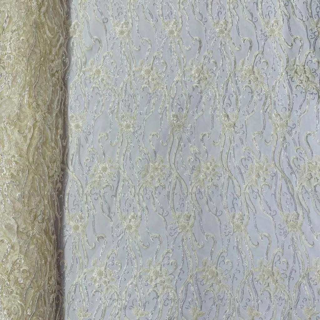 Luxurious Design Lace - IVORY - Beaded Design with Embroidered Sequins and Beads On a Mesh Lace Fabric By The Yard