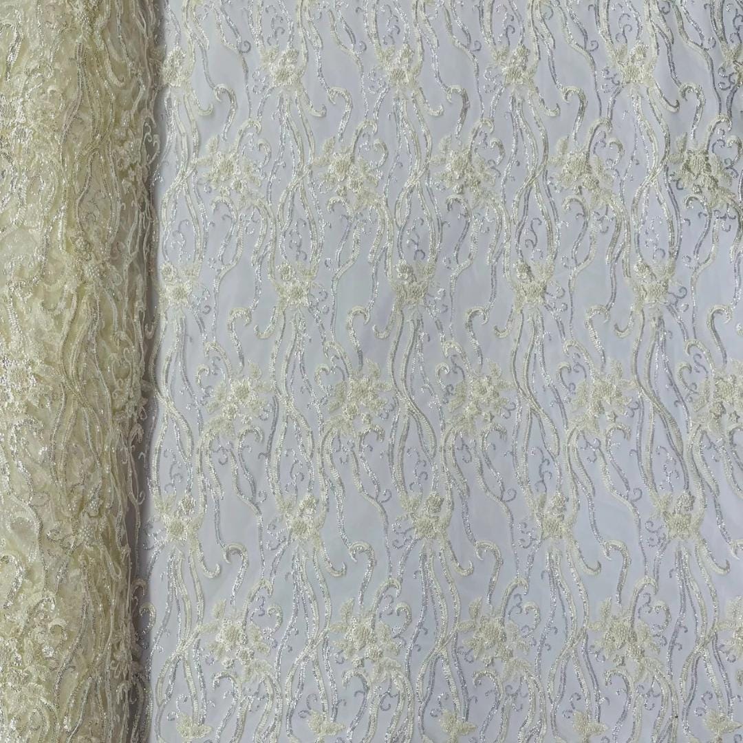 Luxurious Design Lace - IVORY - Beaded Design with Embroidered Sequins and Beads On a Mesh Lace Fabric By The Yard