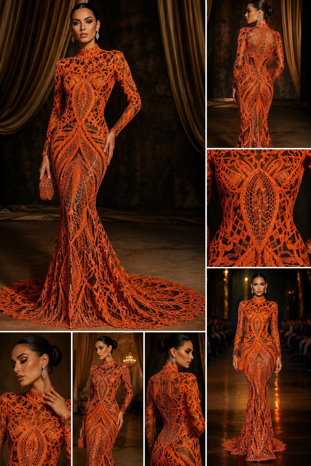 Neon Orange/Black - Marvelous Mermaid Luxury Shiny Sequin 4-Way Stretch Mesh Fabric – Prom & Evening Dress Material By The Yard.